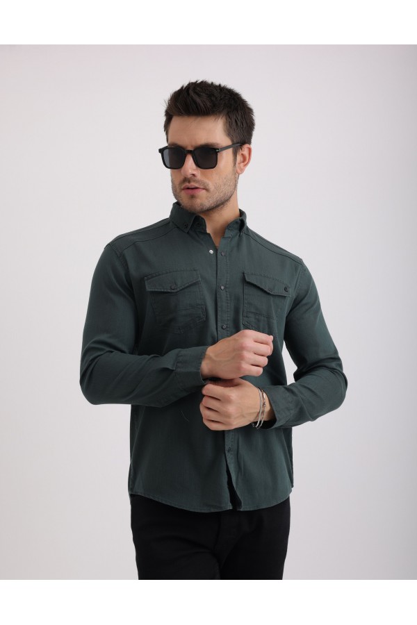 Likralı Kapak Detaylı Gabardin Kot Kumaş Casual Modern Erkek Gömlek
