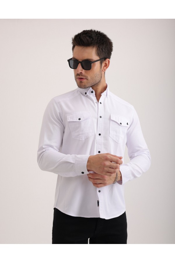 Likralı Kapak Detaylı Gabardin Kot Kumaş Casual Modern Erkek Gömlek
