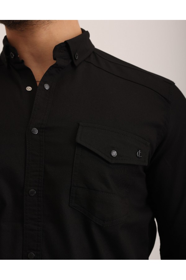 Likralı Kapak Detaylı Gabardin Kot Kumaş Casual Modern Erkek Gömlek